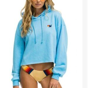 Aviator Nation Lightning Bolt Stripe Relaxed Cropped Pullover Hoodie in Sky Blue